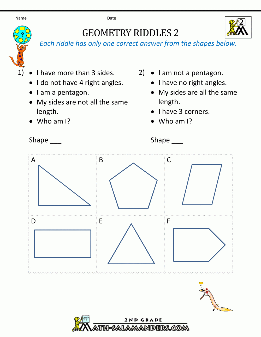 Free Geometry Worksheets 2Nd Grade Geometry Riddles - Free Printable Geometry Worksheets For 3Rd Grade