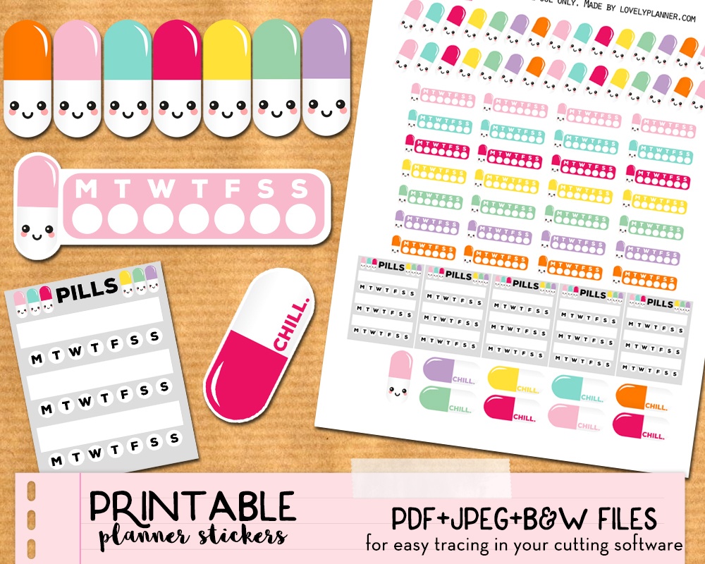 Free Kawaii Pills Planner Stickers - Printable And Cut Files - Free Printable Kawaii Stickers