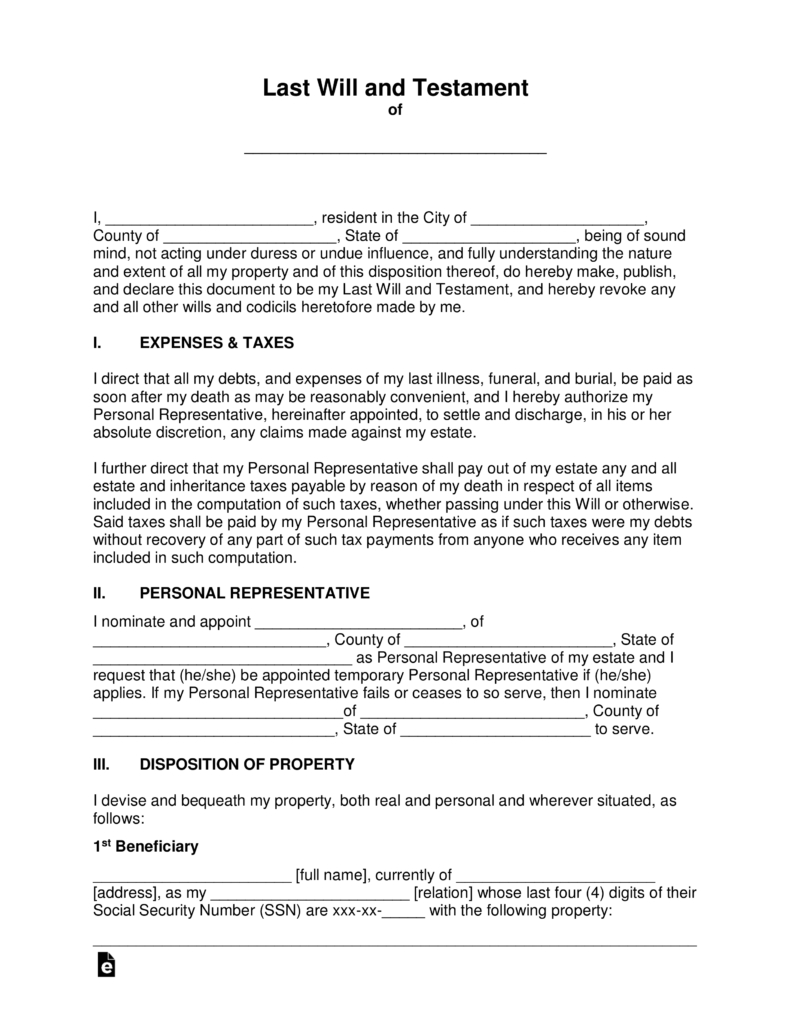 Free Last Will And Testament Templates - A “Will” - Pdf | Word - Free Printable Basic Will