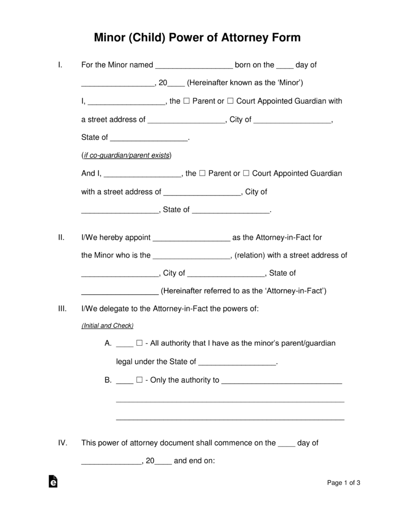 Free Minor (Child) Power Of Attorney Forms - Pdf | Word | Eforms - Free Printable Medical Power Of Attorney Forms