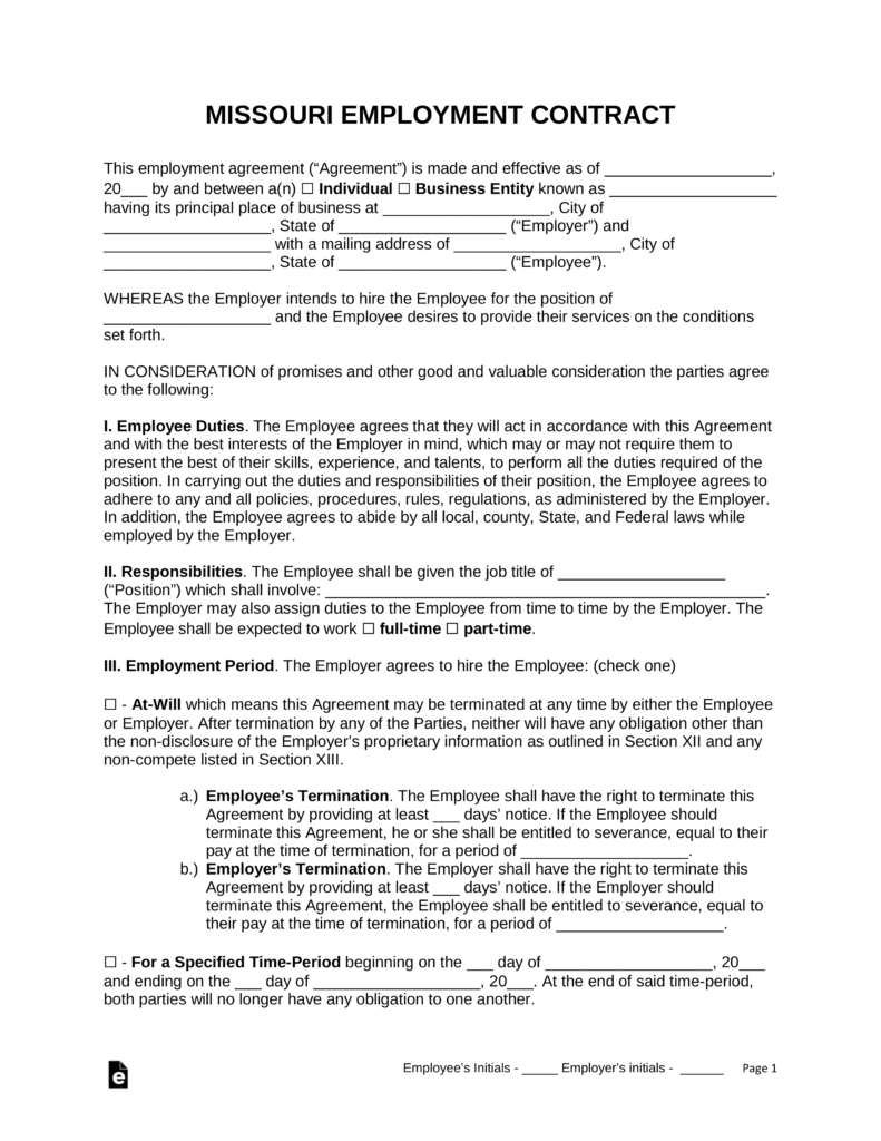 Free Missouri Employment Contract Agreement - Pdf | Word | Eforms - Free Printable Employment Contracts