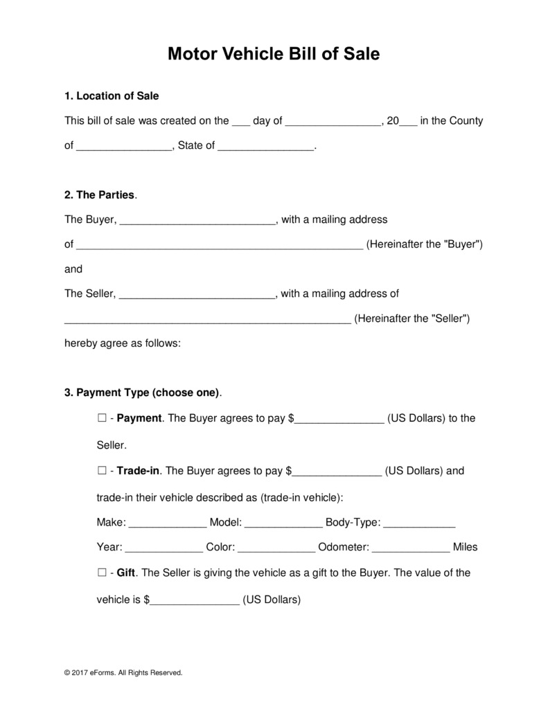 Free Motor Vehicle (Dmv) Bill Of Sale Form - Word | Pdf | Eforms - Free Printable Automobile Bill Of Sale Template