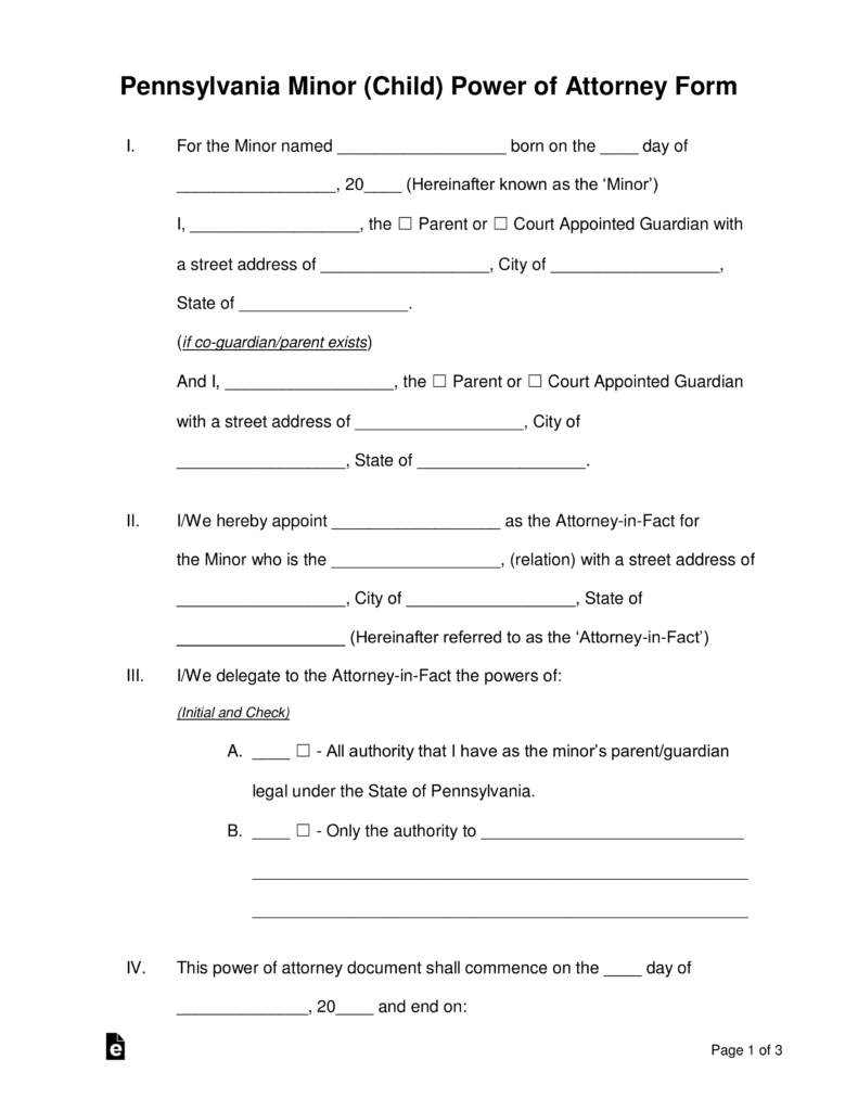 Free Pennsylvania Guardian Of Minor Power Of Attorney Form Word