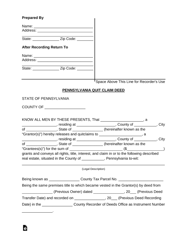 Free Pennsylvania Quit Claim Deed Form - Word | Pdf | Eforms – Free - Free Printable Quit Claim Deed Washington State Form
