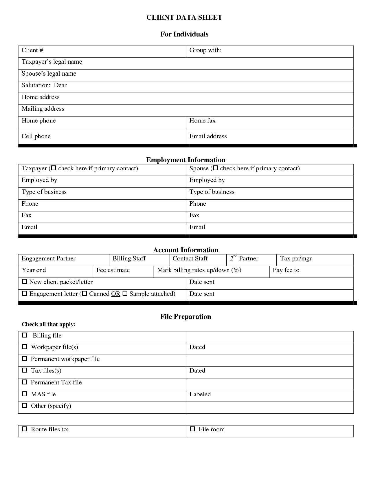 Free Personal Information Forms | Client Data Sheet For Individuals - Free Printable Customer Information Sheets