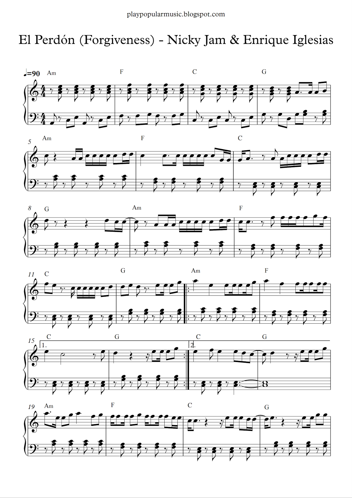 Free Piano Sheet Music: El Perdón (Forgiveness) - Nicky Jam - Free Printable Music Sheets Pdf