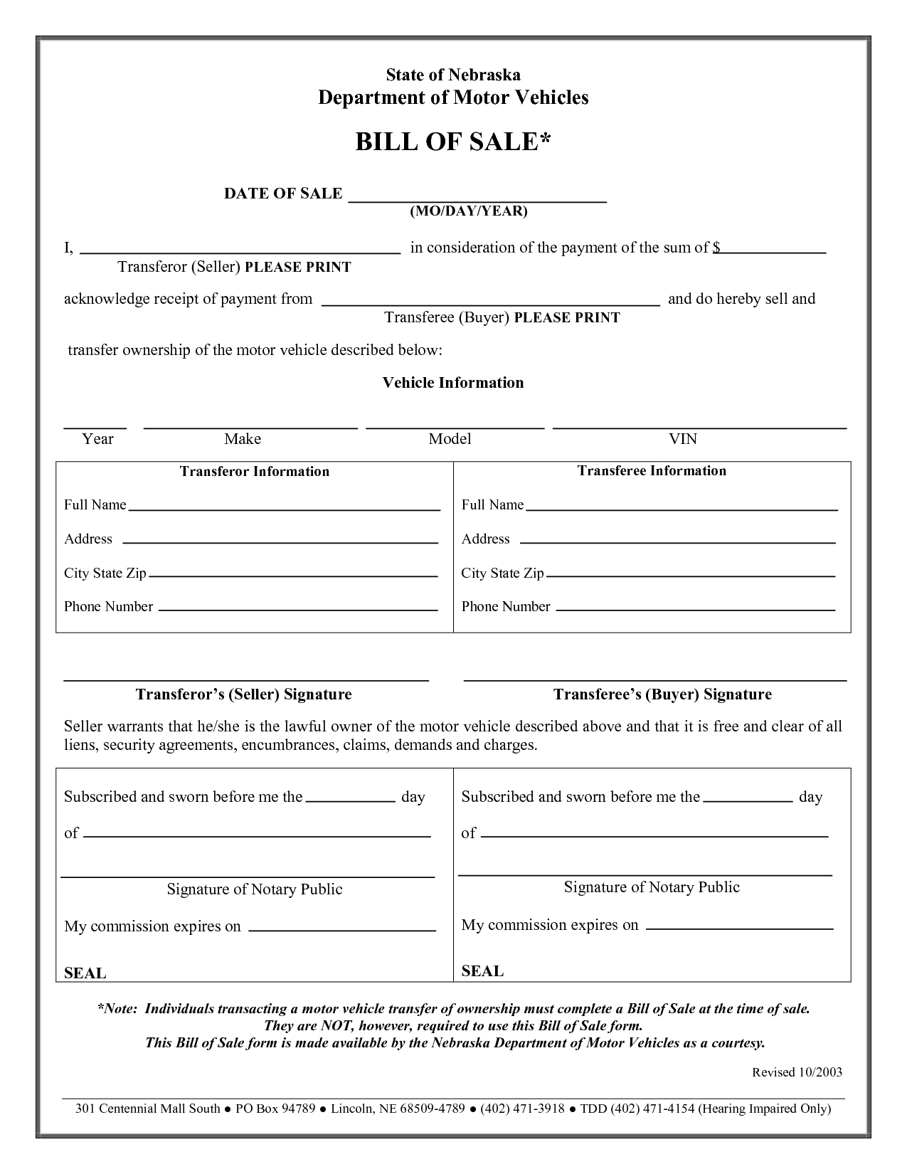 free printable template of generic bill of sale