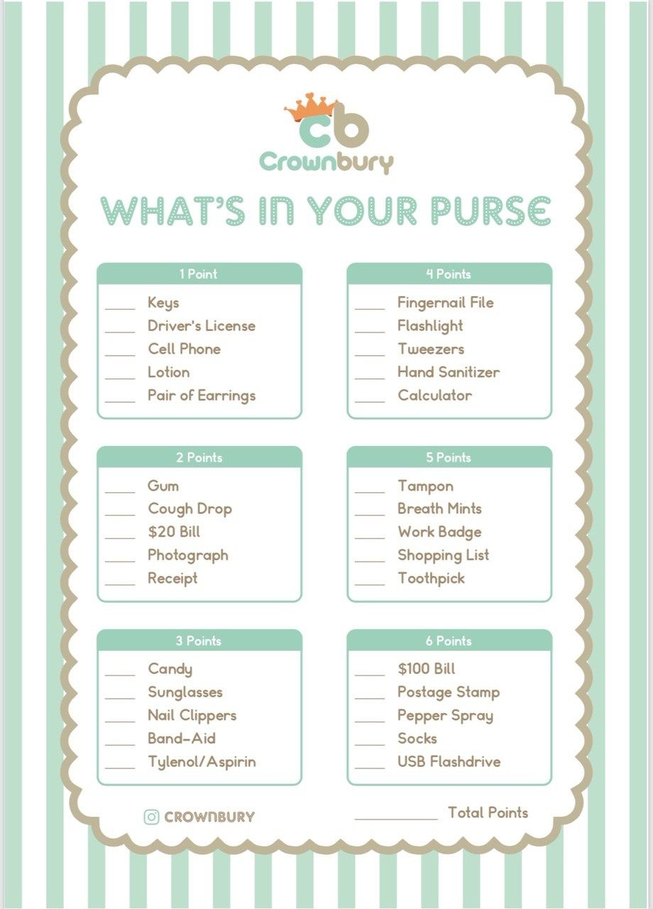 Free Printable: Baby Shower Games - What's In Your Purse | Crownbury - Free Printable Baby Shower Games What's In Your Purse