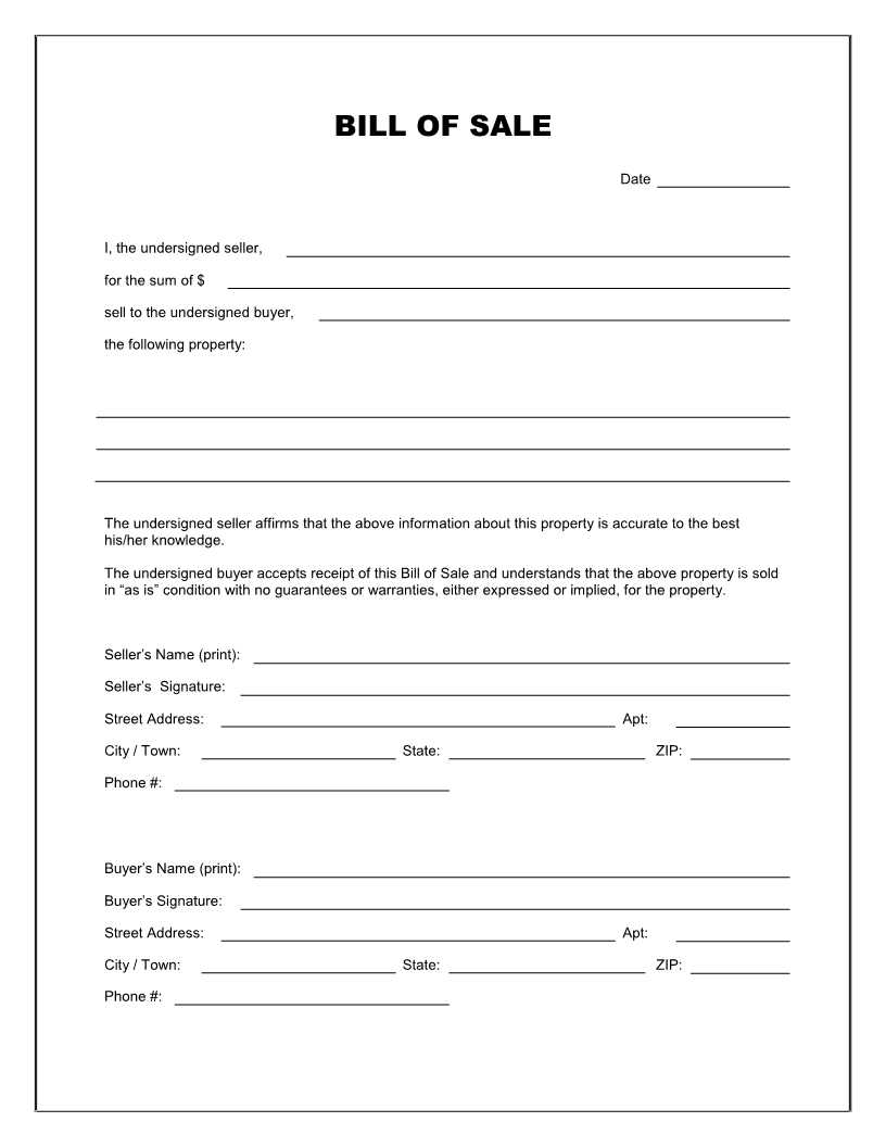 Free Printable Blank Bill Of Sale Form Template - As Is Bill Of Sale - Free Printable Blank Auto Bill Of Sale
