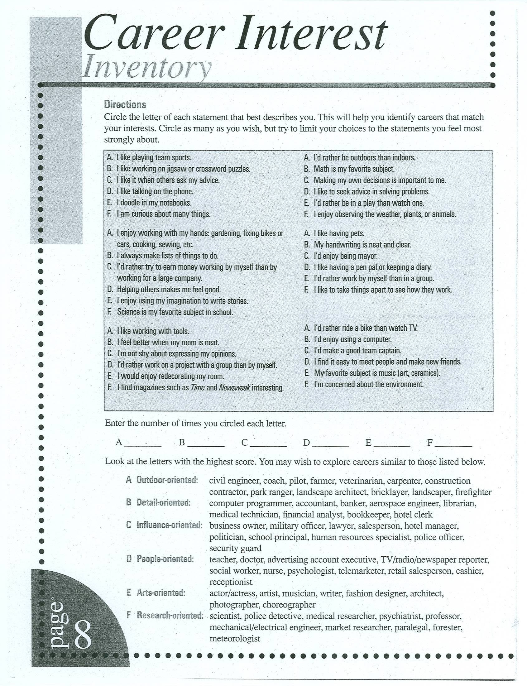 Printable Career Interest Survey For High School Students Free Printable Free Templates Download