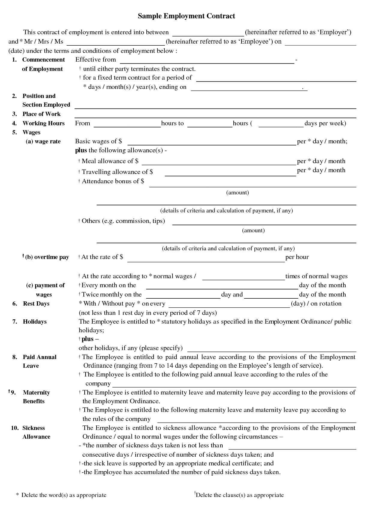 Free Printable Employment Contract Sample Form (Generic) | Sample - Free Printable Contracts