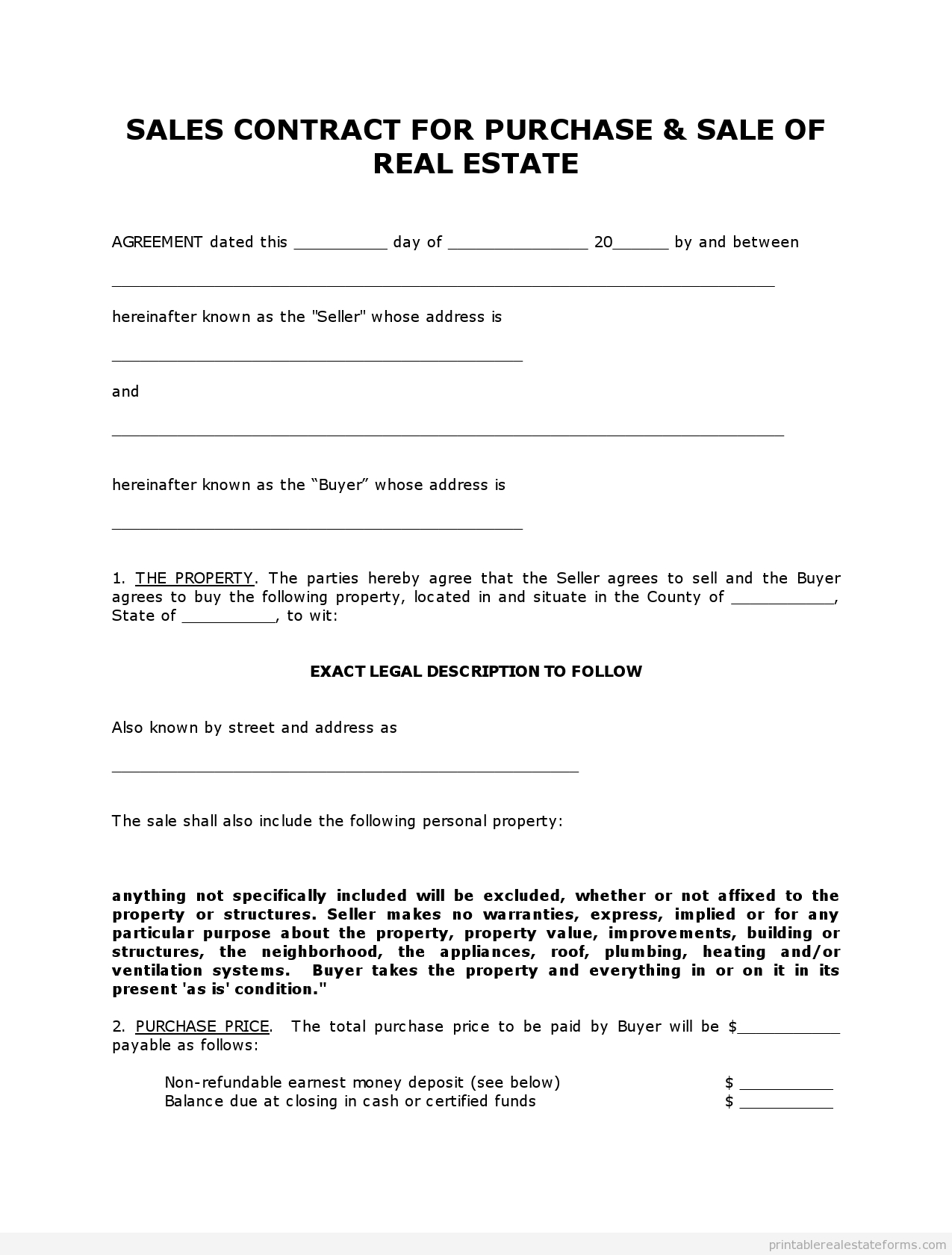 Free Printable Land Contract Forms (Word File) - Free Printable Land Contract Forms