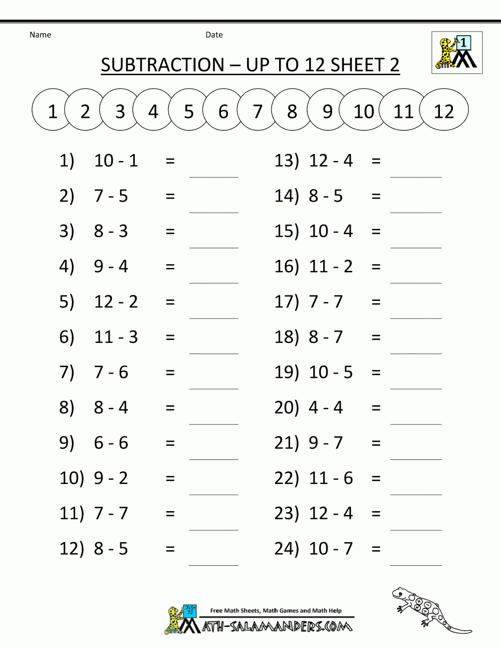 Free Printable Math Sheets Mental Subtraction To 12 2 | Výuka | 1St - Free Printable Math Sheets