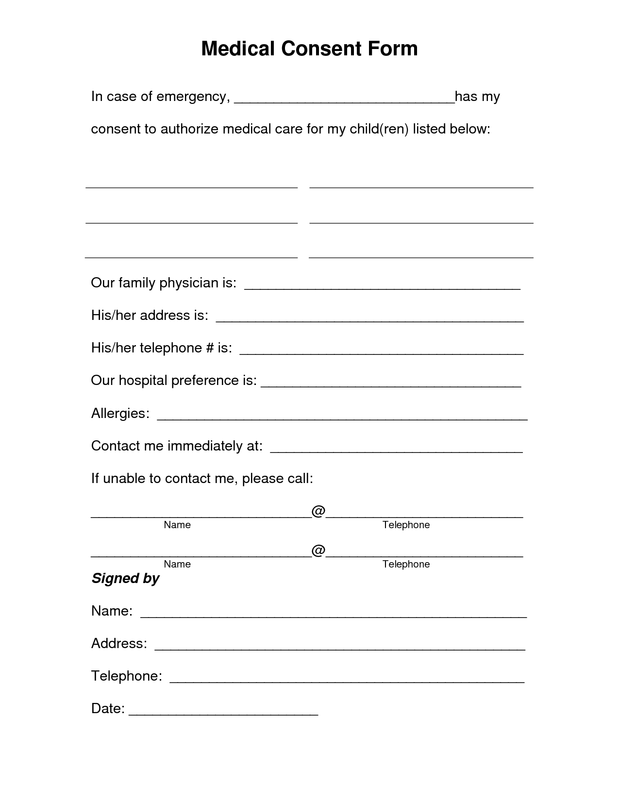 Medical Consent Form For Babysitter Printable Form Resume Free 