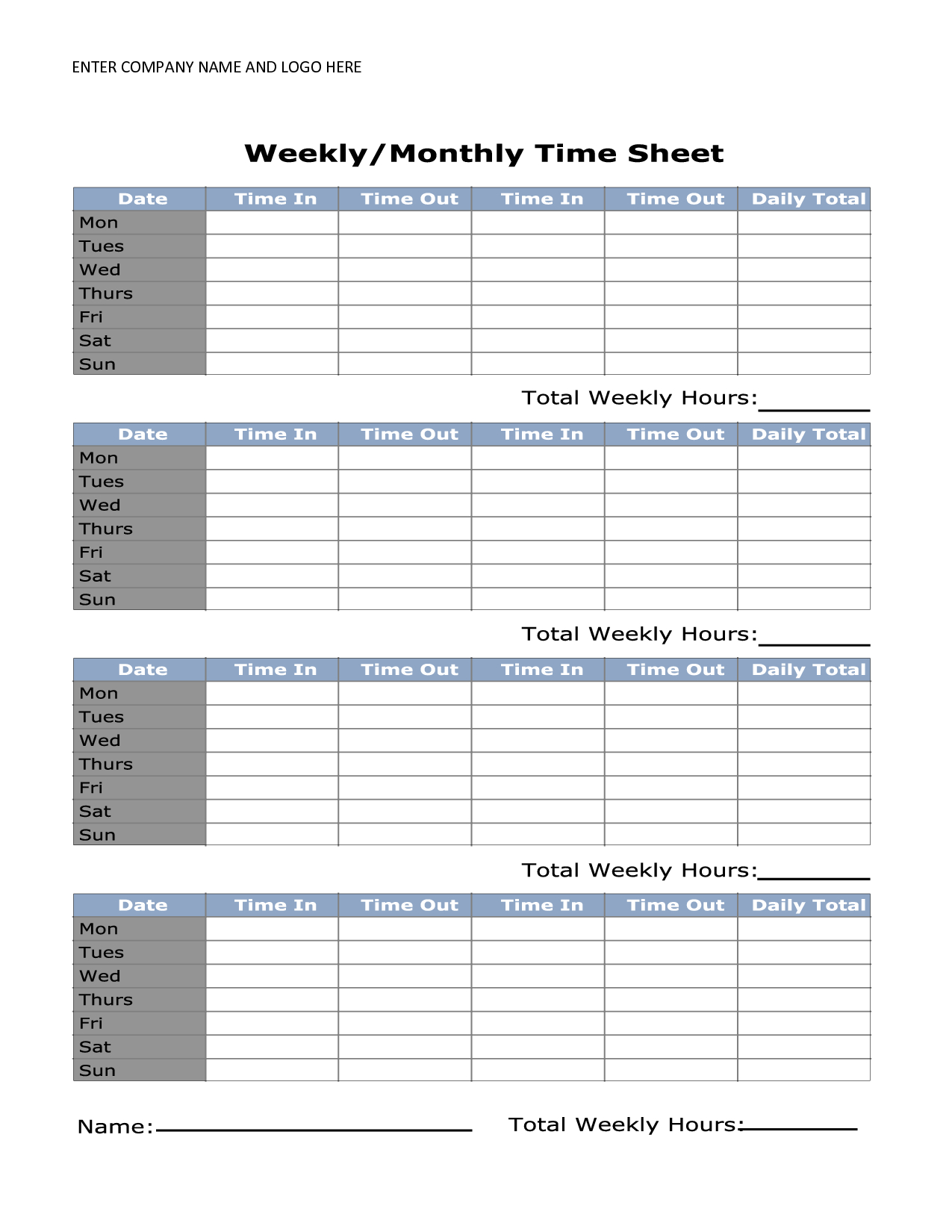 Free Printable Monthly Time Sheets | Time Sheet | Timesheet Template - Monthly Timesheet Template Free Printable