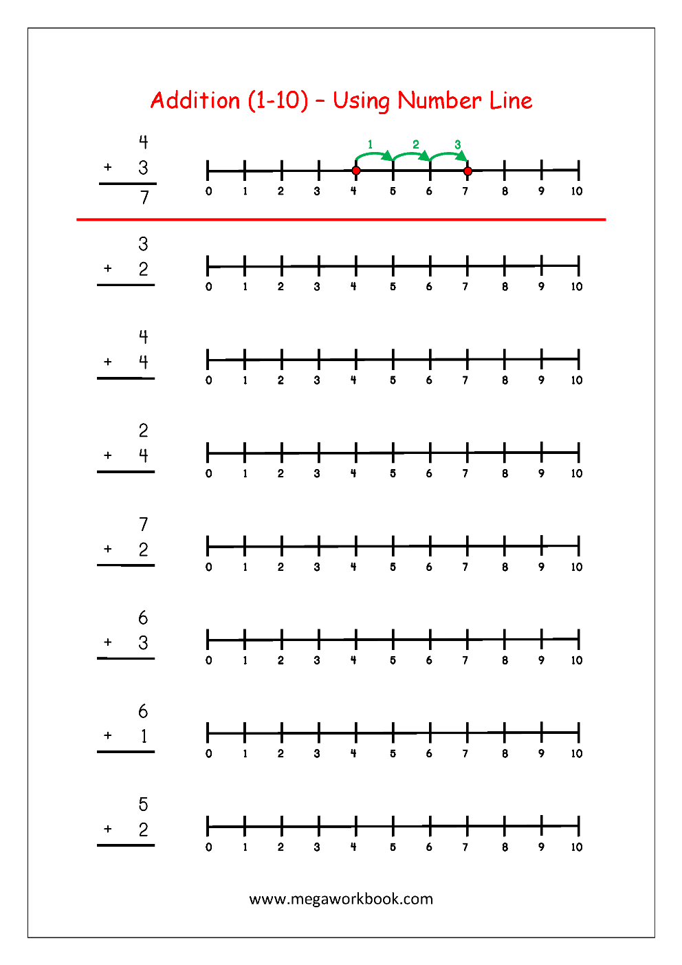 Free Printable Number Addition Worksheets (1-10) For Kindergarten - Free Printable Number Line Worksheets