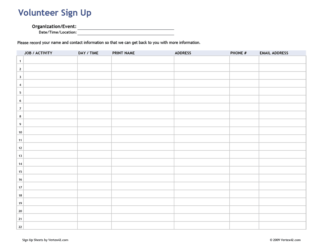 Free Printable Volunteer Sign Up Sheet (Pdf) From Vertex42 | For - Free Printable Sign In Sheet Template