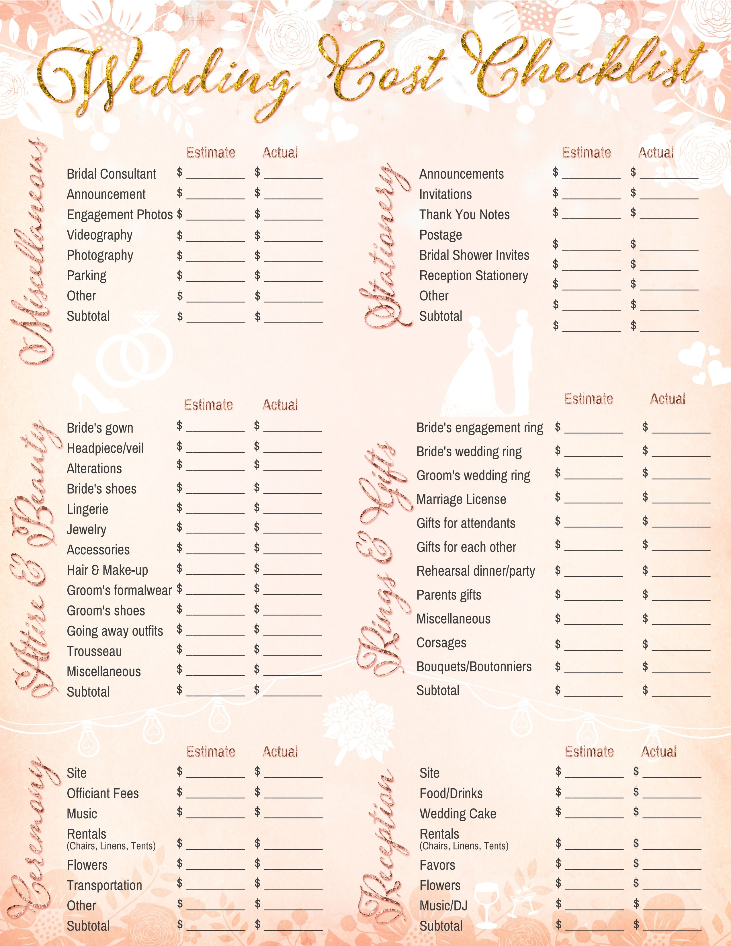 Free Printable - Wedding Cost Checklist | Wedding | Wedding Planner - Free Printable Wedding Checklist