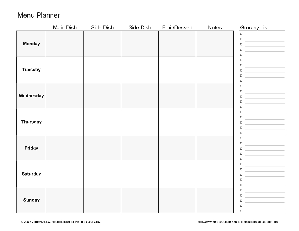 Free Printable Weekly Menu Planner (Pdf) From Vertex42 | Healthy - Weekly Menu Free Printable