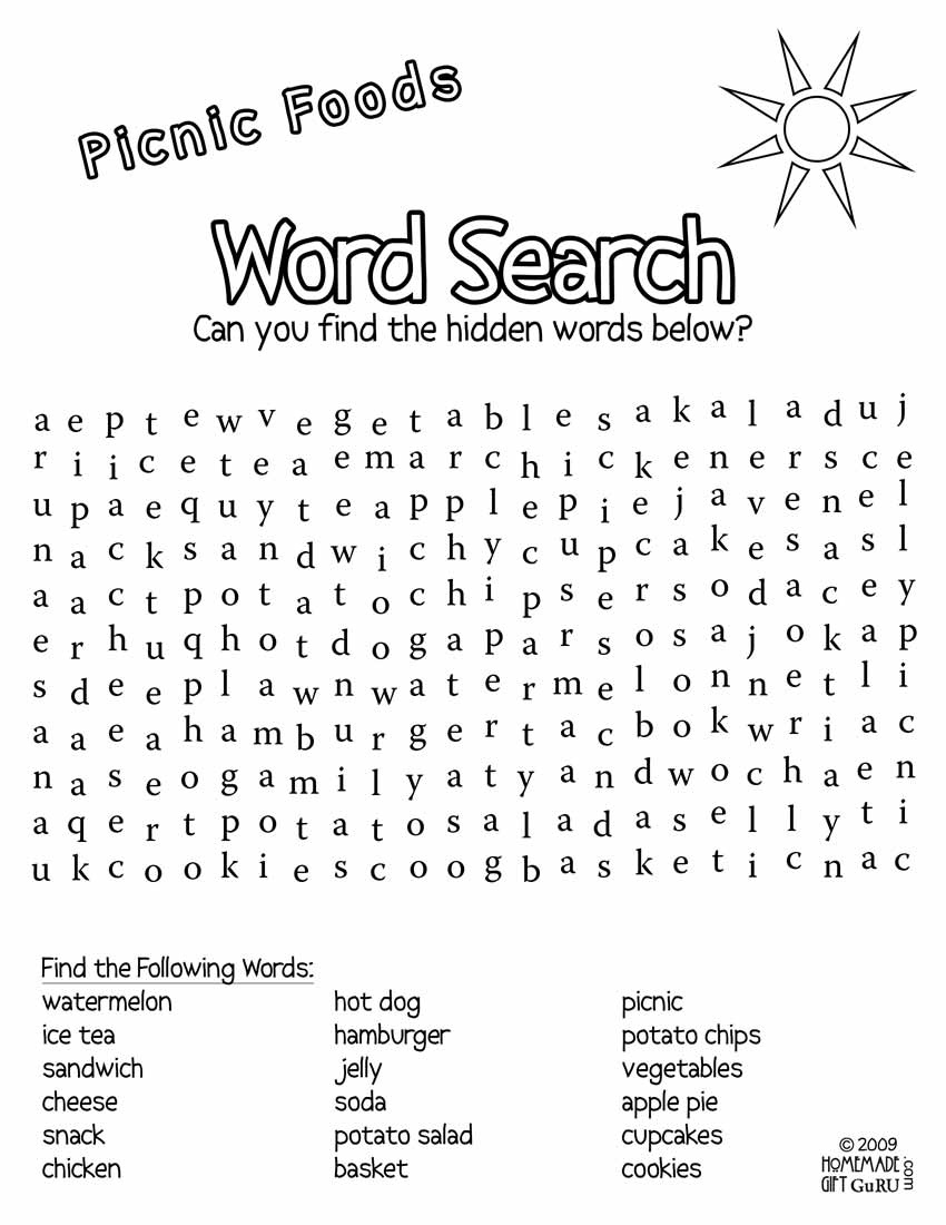 Free Printable Word Search: Picnic Foods - Word Search Free Printable Easy