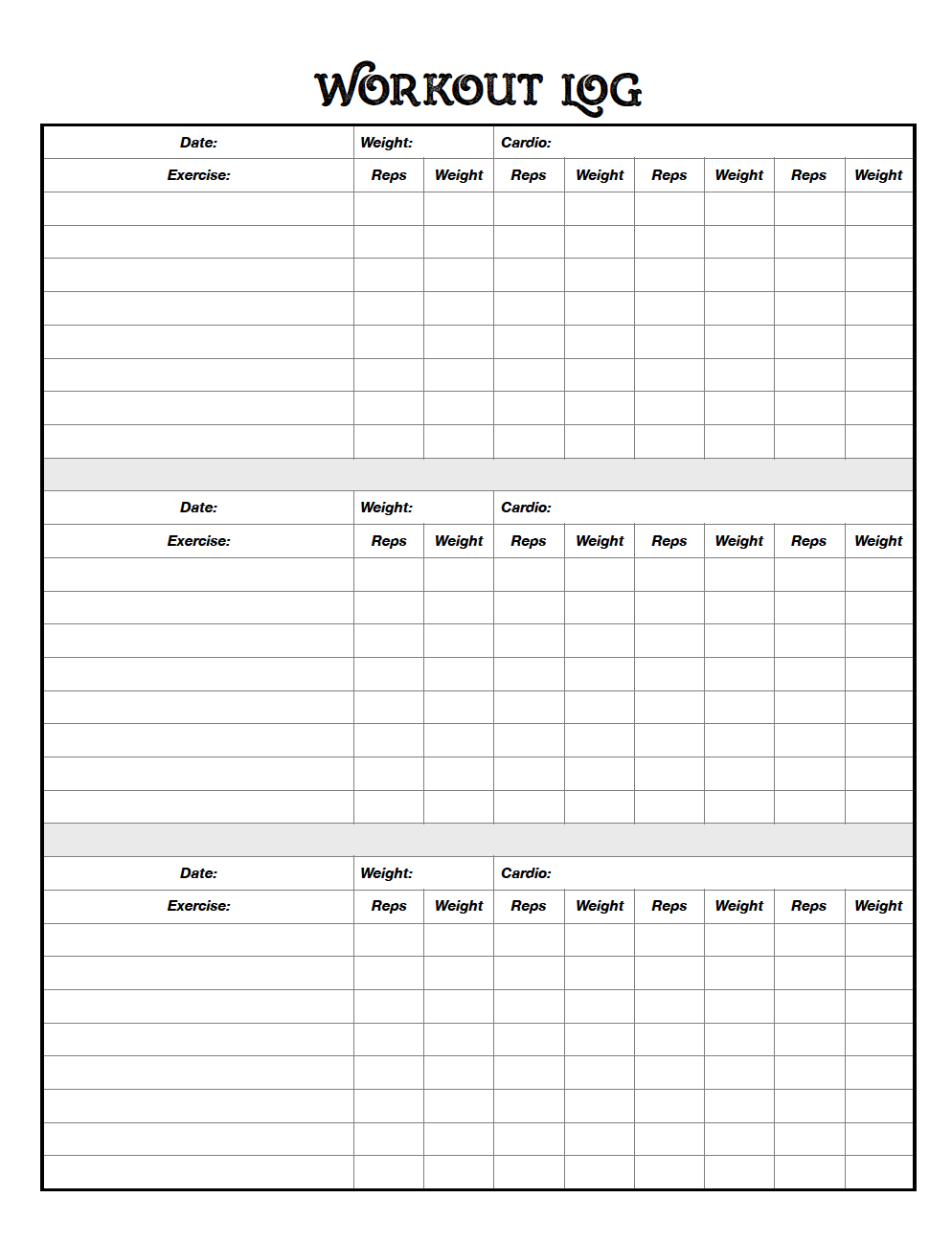 Free Printable Workout Logs 3 Designs Work Out Logs Workout Log 