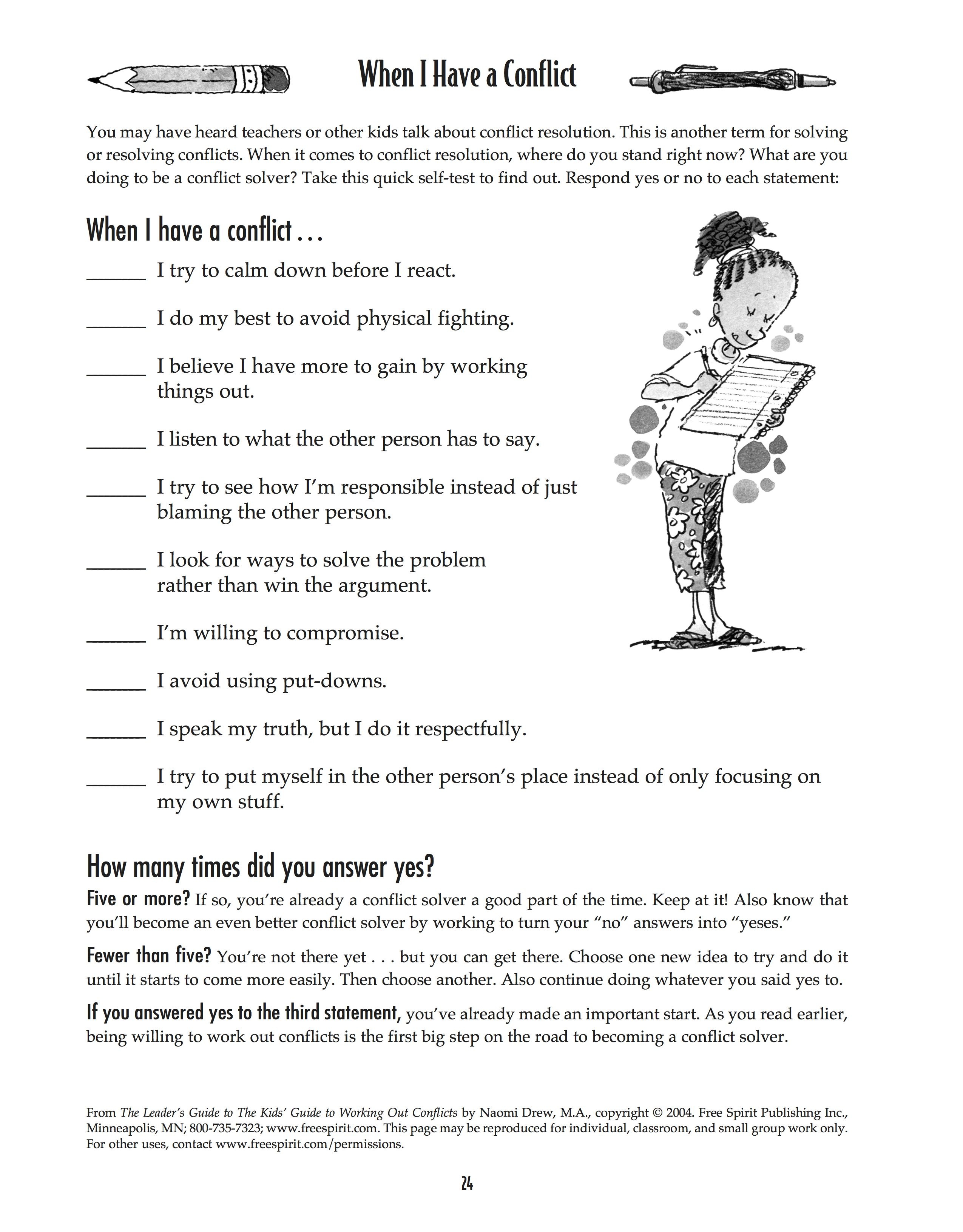 Free Printable Worksheet: When I Have A Conflict. A Quick Self-Test - Free Printable Coping Skills Worksheets For Adults