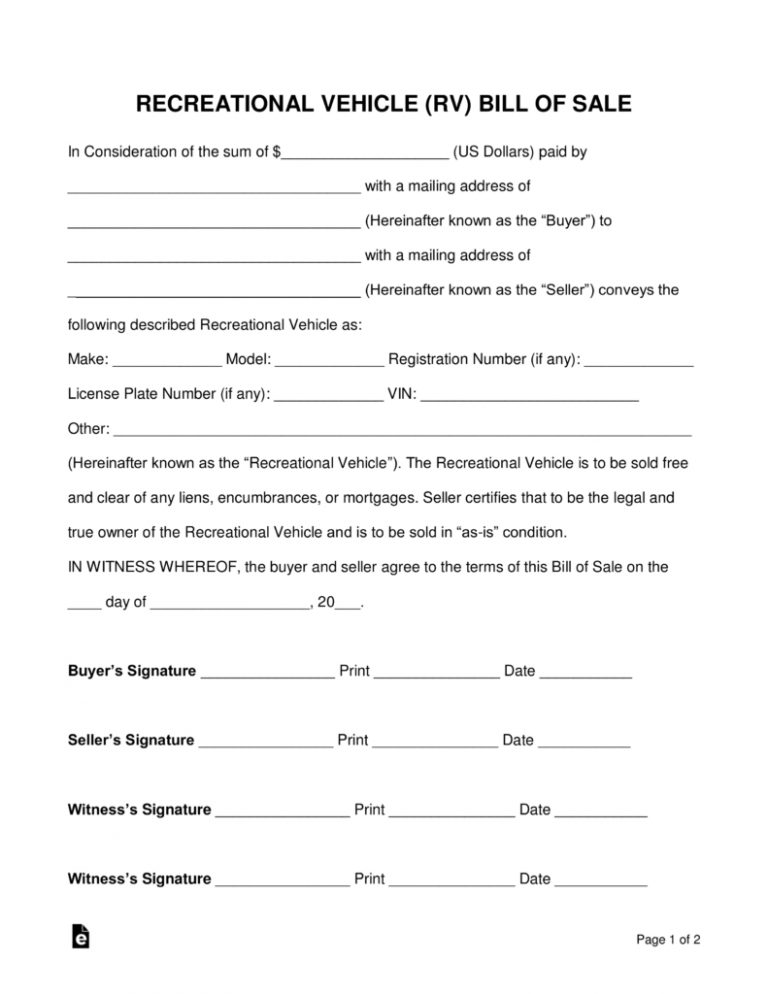 Free Recreational Vehicle (Rv) Bill Of Sale Form Word Pdf Free