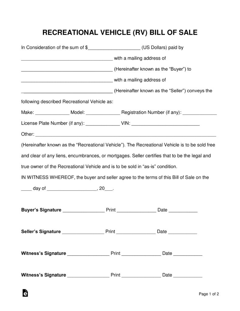 Free Recreational Vehicle (Rv) Bill Of Sale Form - Word | Pdf - Free - Free Printable Documents