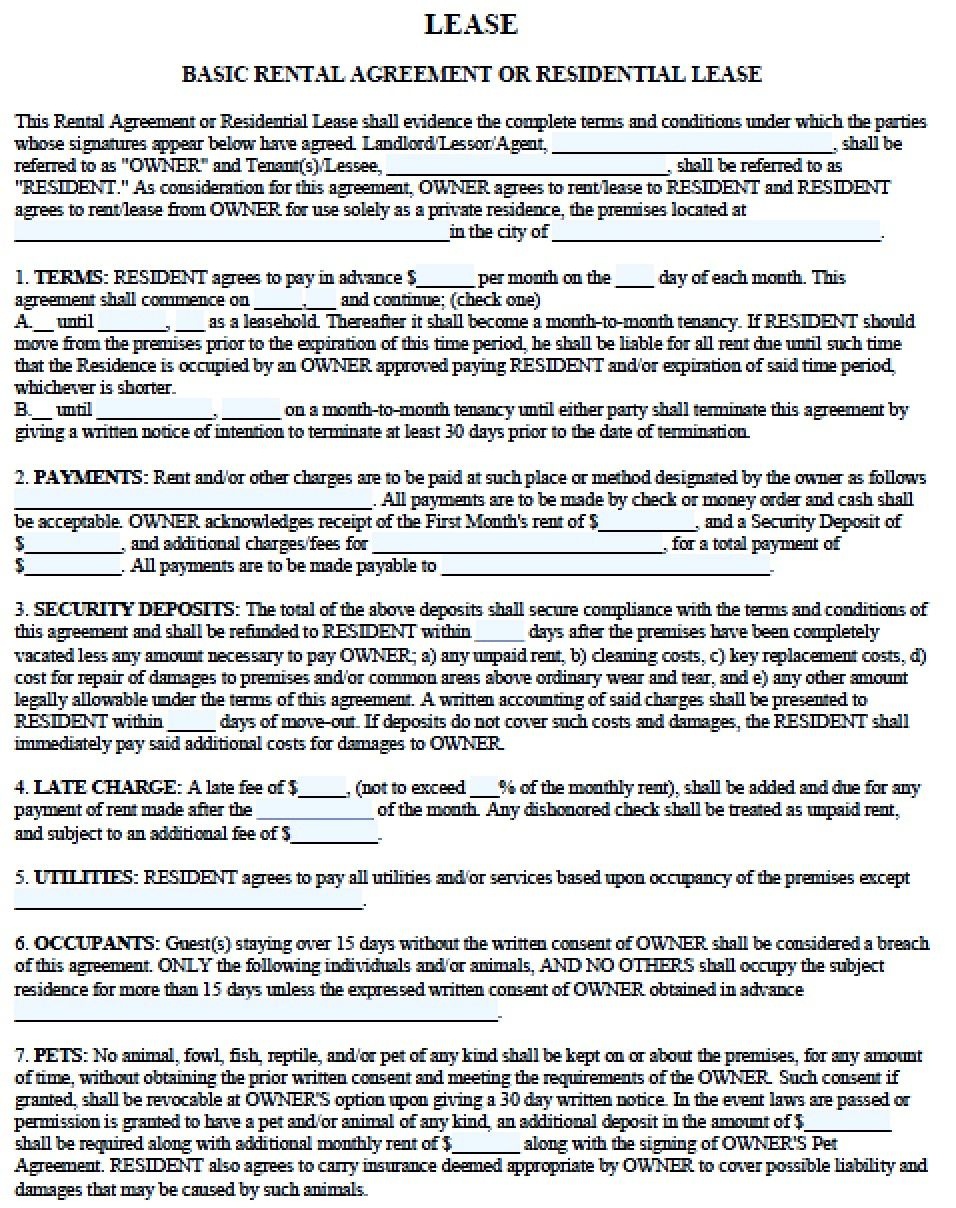 Free Residential Lease Agreements Pdf And Word Templates Basic Blank - Free Printable Residential Rental Agreement Forms