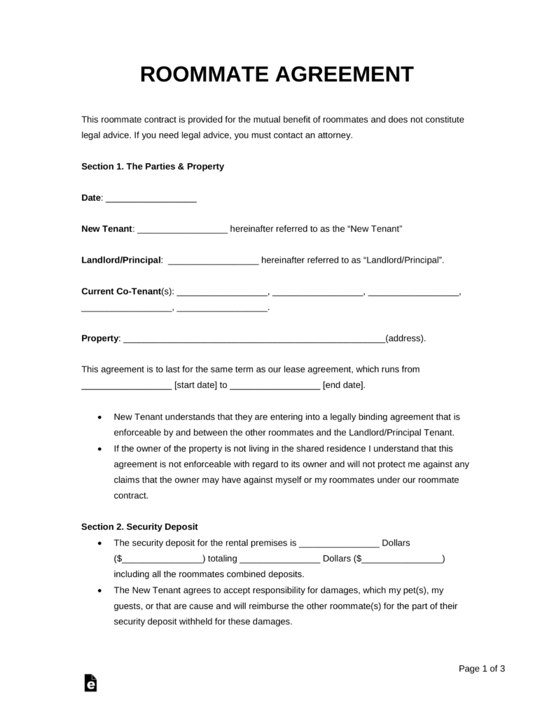 Free Roommate (Room Rental) Agreement Template - Pdf | Word | Eforms - Free Printable Room Rental Agreement Forms