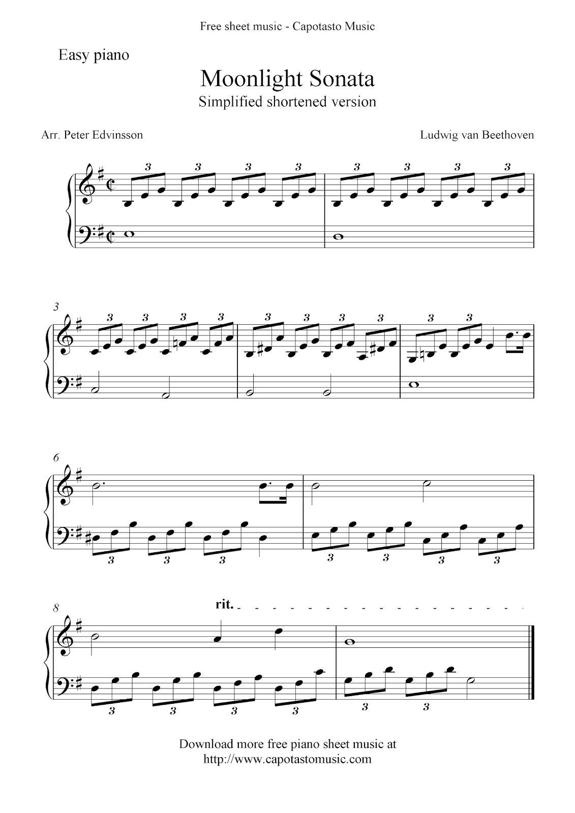 Free Sheet Music Scores: Free Easy Piano Sheet Music, Moonlight - Free Printable Classical Sheet Music For Piano