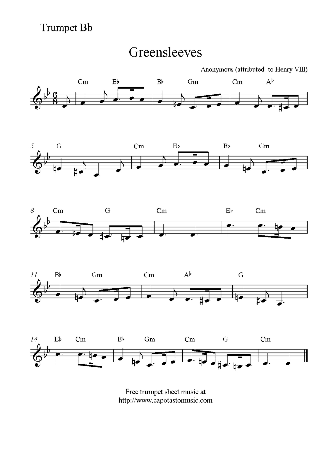 Free Sheet Music Scores: Greensleeves, Free Trumpet Sheet Music - Free Printable Sheet Music For Trumpet