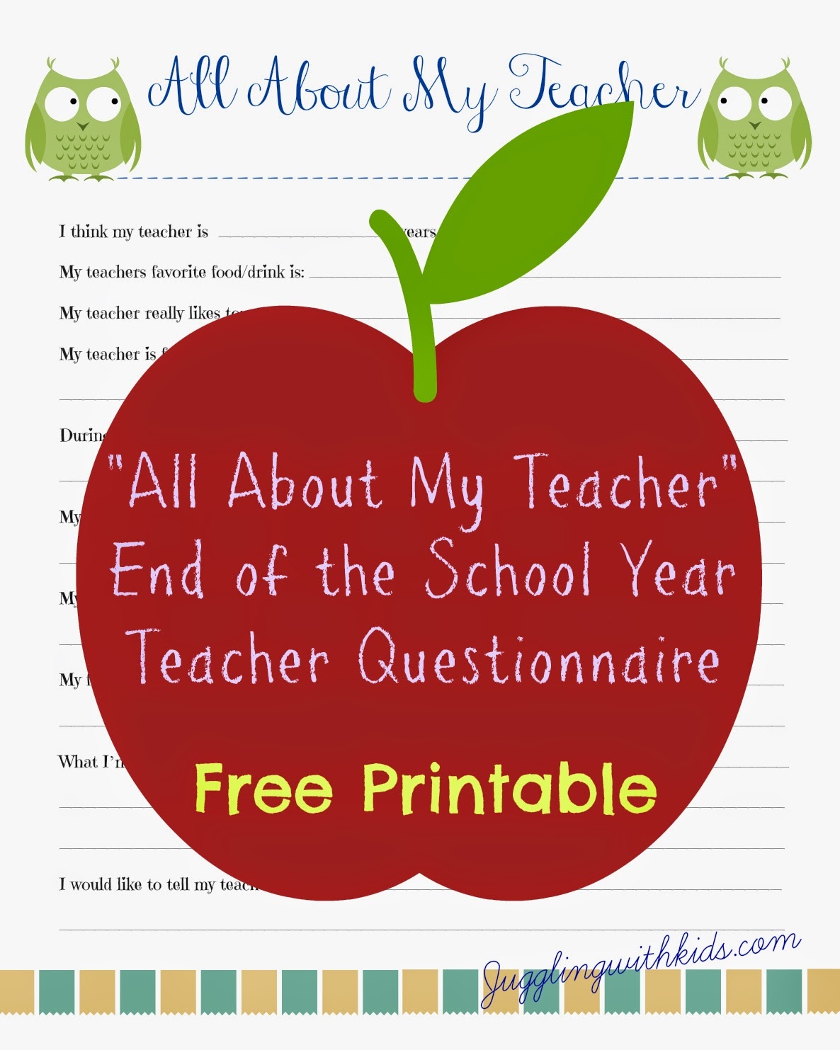 Free Teacher Printable Questionnaire For End Of School Year - All About My Teacher Free Printable