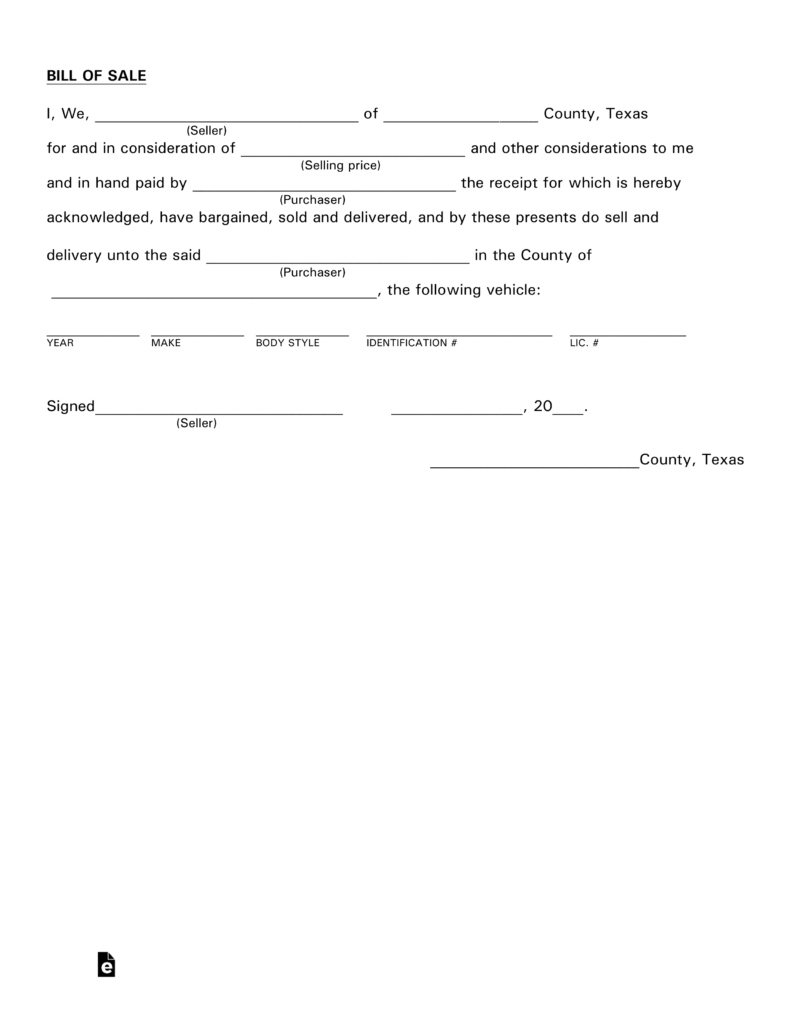Free Printable Bill Of Sale Texas