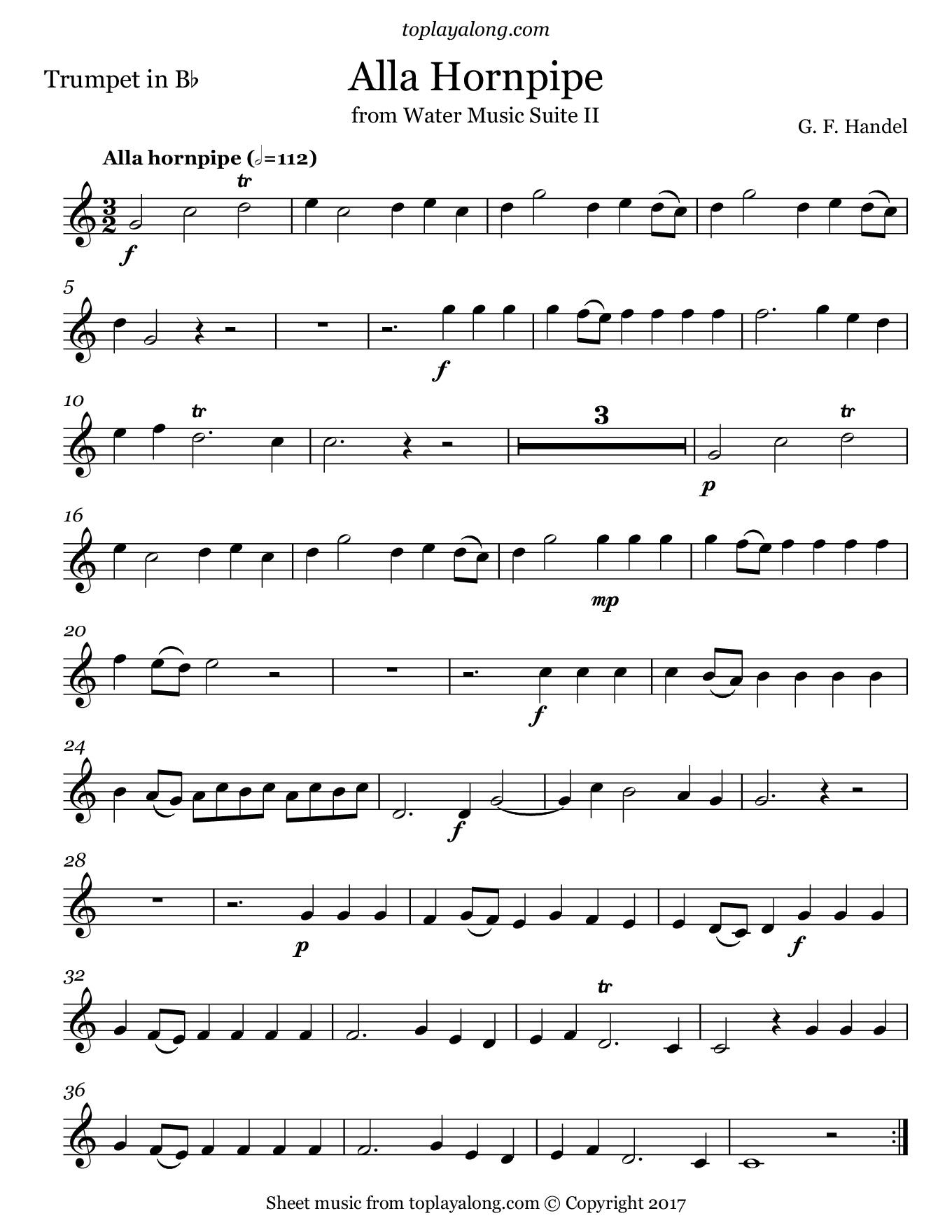 Free Trumpet Sheet Music For Alla Hornpipe From Water Music Suite Ii - Free Printable Sheet Music For Trumpet