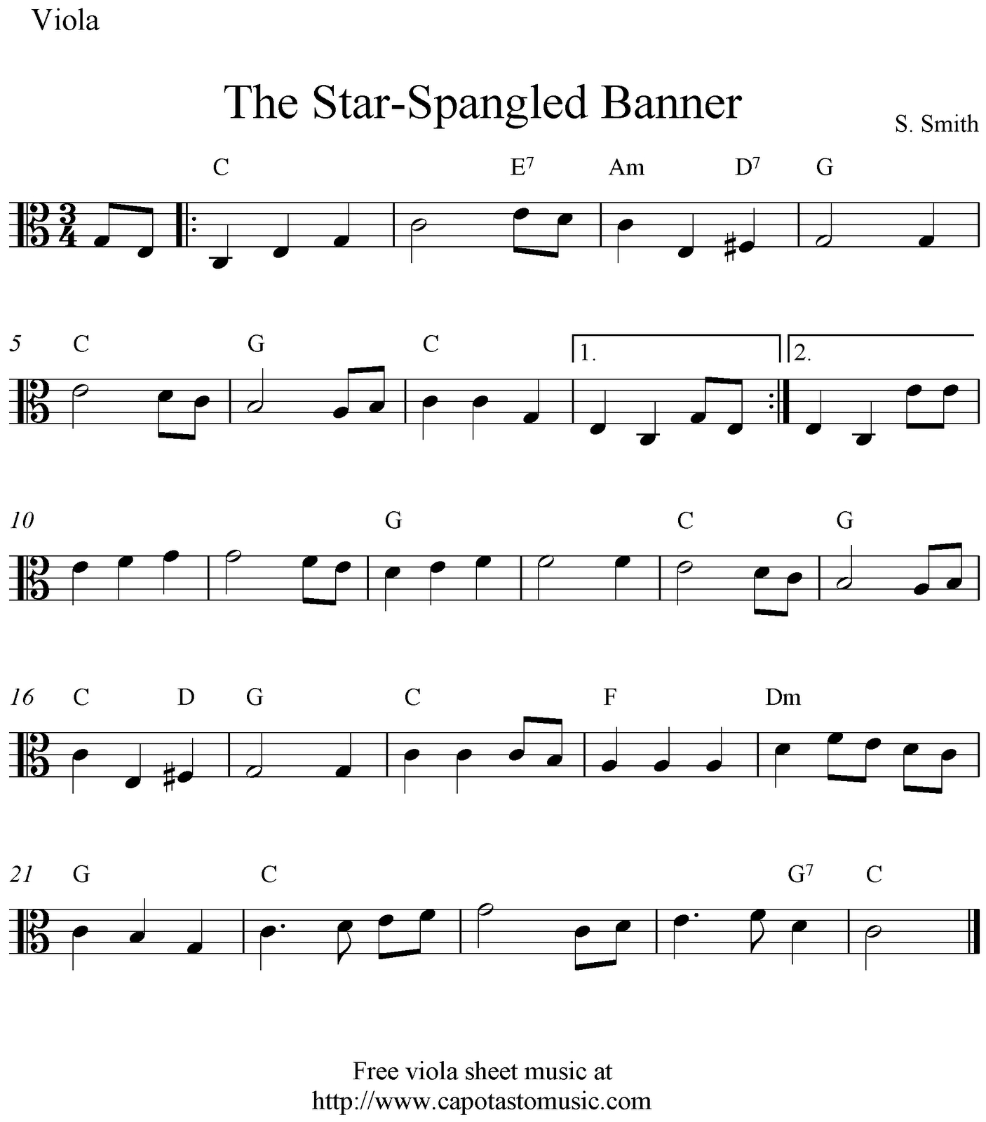 Free Viola Sheet Music, The Star-Spangled Banner - Viola Sheet Music Free Printable