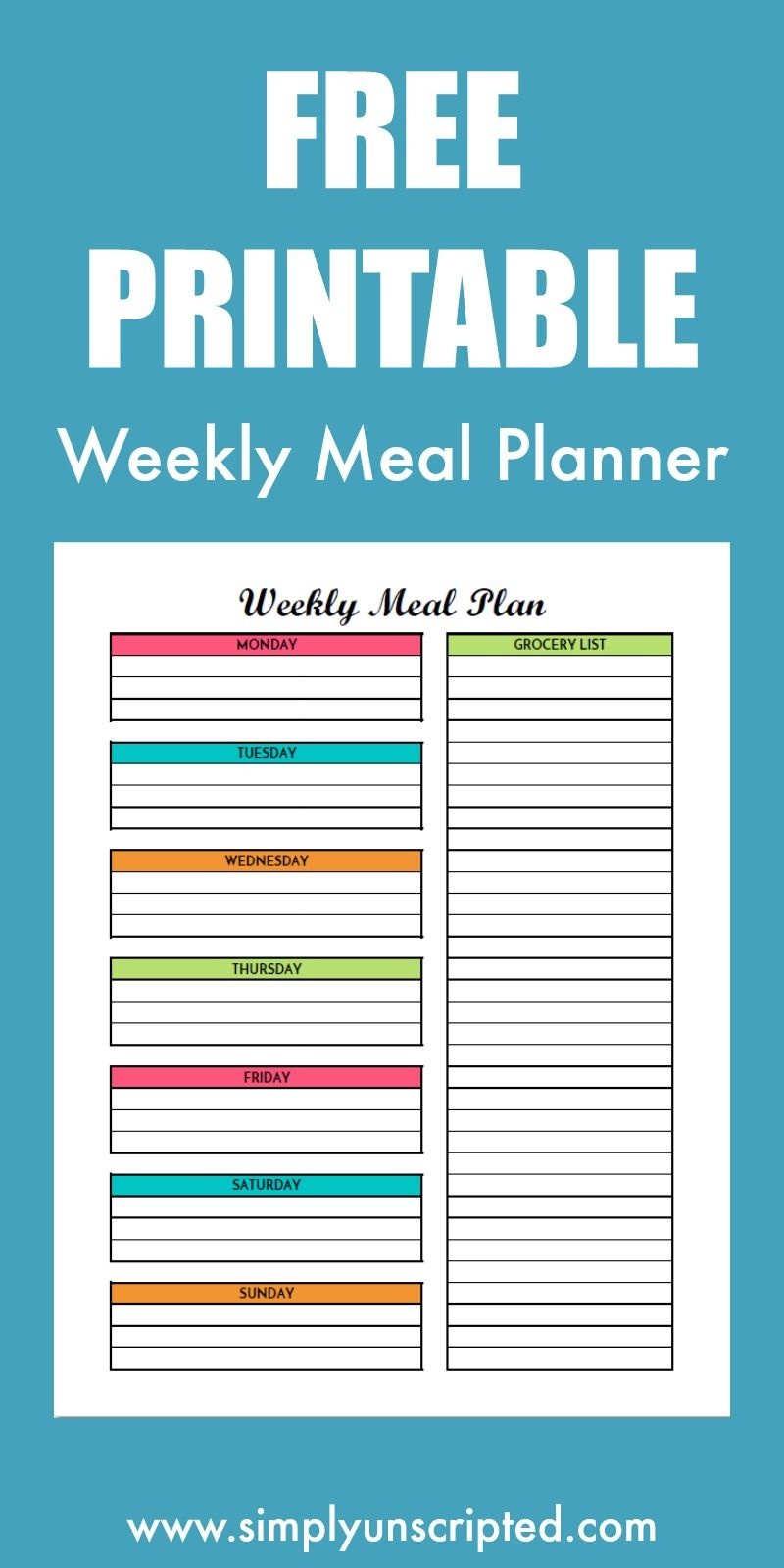 Free Weekly Meal Planning Printable With Grocery List | Free - Create A Menu Free Printable