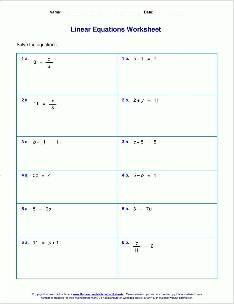 Free Worksheets For Linear Equations (Grades 6-9, Pre-Algebra - Free Printable Math Worksheets 6Th Grade Order Operations