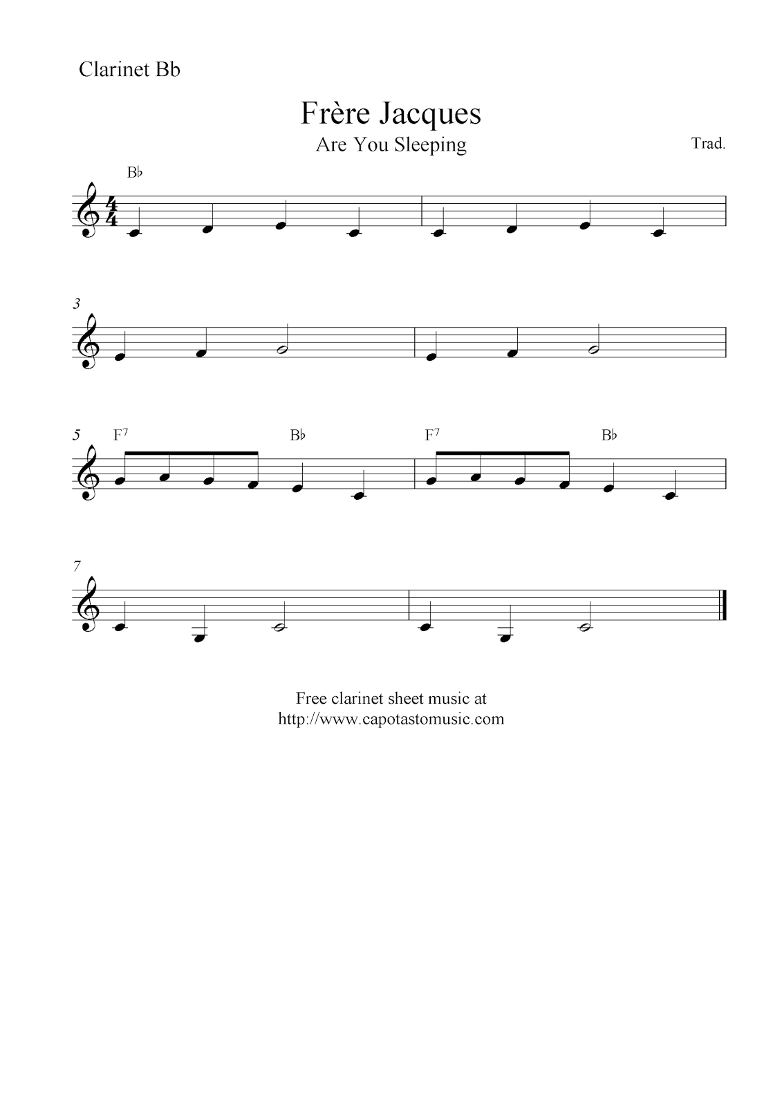 Frère Jacques (Are You Sleeping), Free Easy Clarinet Sheet Music Notes - Free Printable Clarinet Music