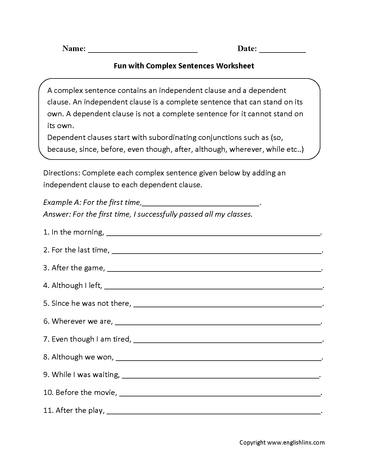 Change Simple Sentences To Complex Sentences Worksheets