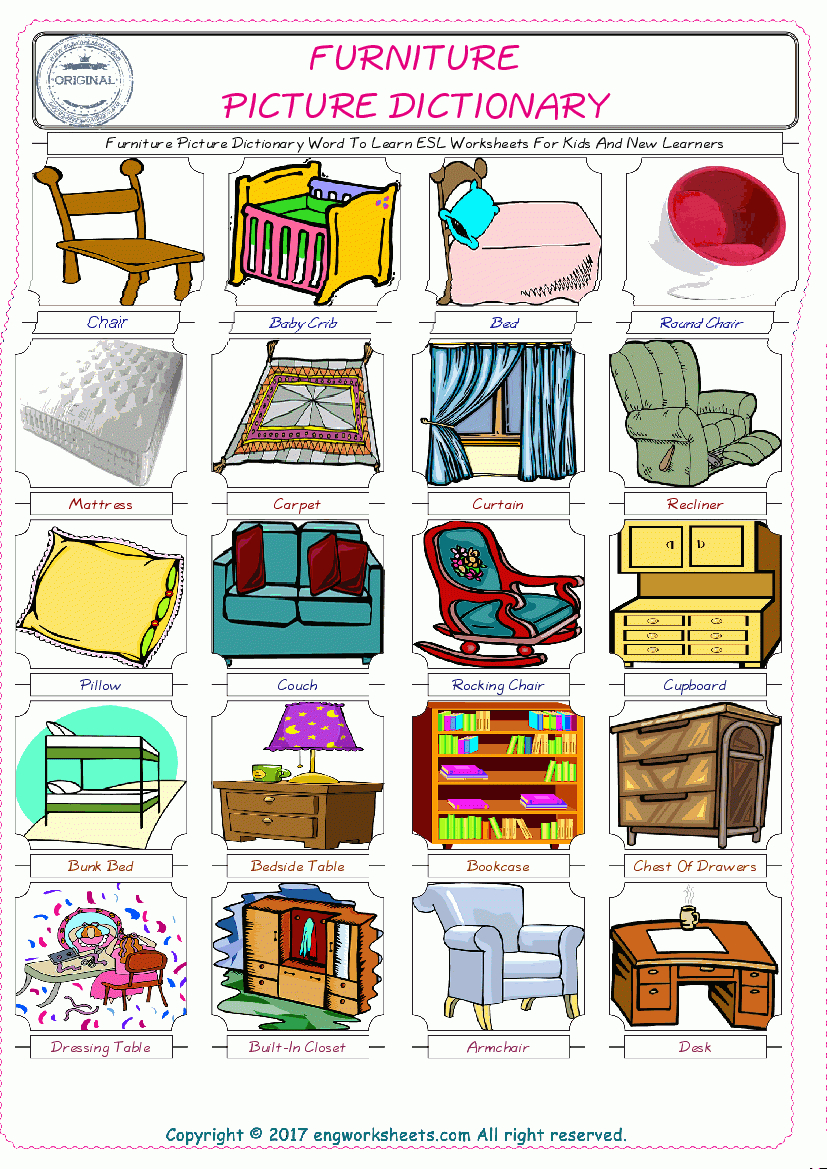 Furniture - Free Esl, Efl Worksheets Madeteachers For Teachers - Free Printable Picture Dictionary For Kids