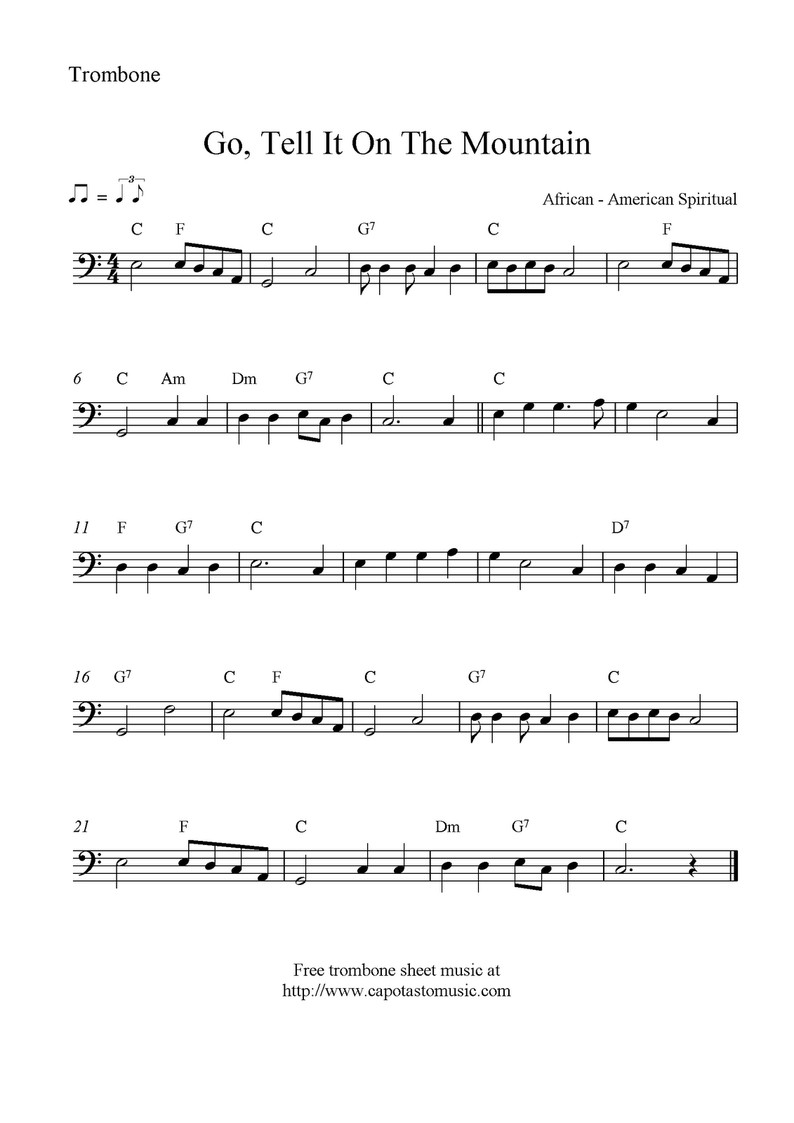 Go, Tell It On The Mountain, Free Christmas Trombone Sheet Music Notes - Trombone Christmas Sheet Music Free Printable