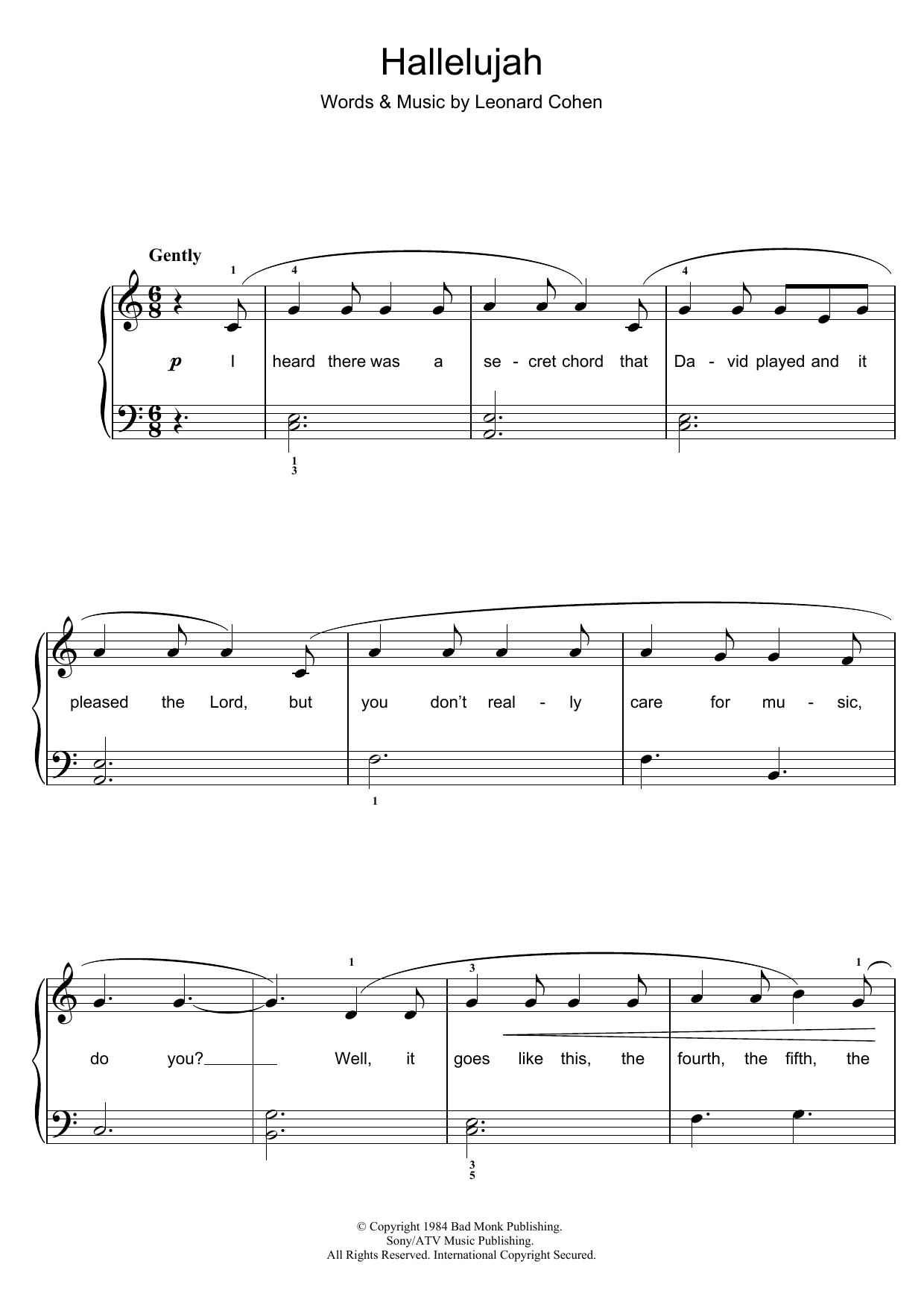 Hallelujahleonard Cohen Beginner Piano Digital Sheet Music - Free Printable Piano Sheet Music For Hallelujah By Leonard Cohen