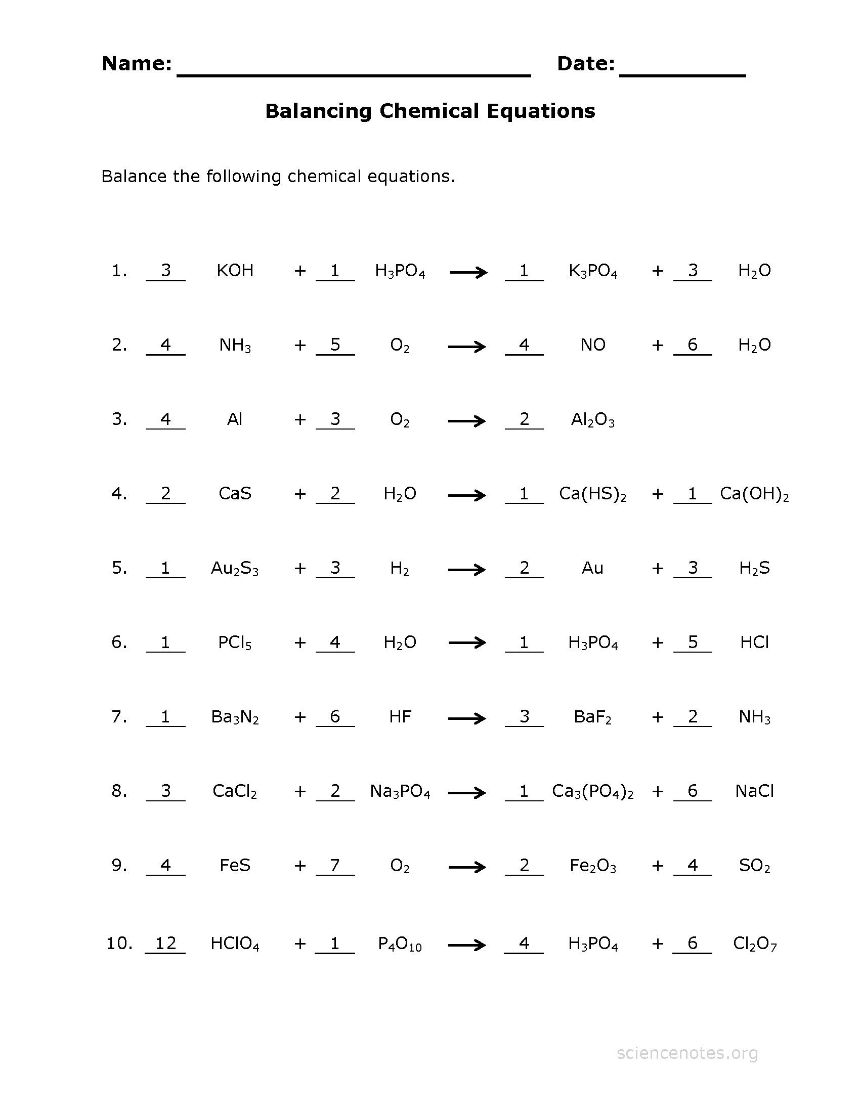 How To Balance Equations - Printable Worksheets - Free Printable Ged Science Worksheets