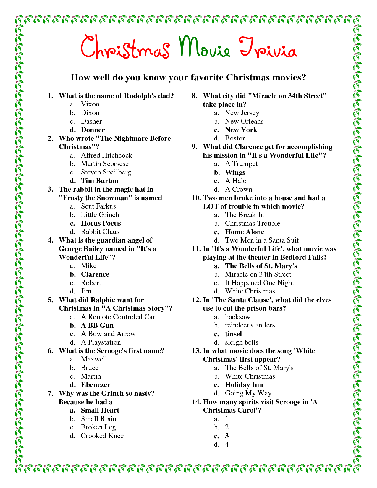 Free Printable Christmas Trivia Quiz Questions And Answers