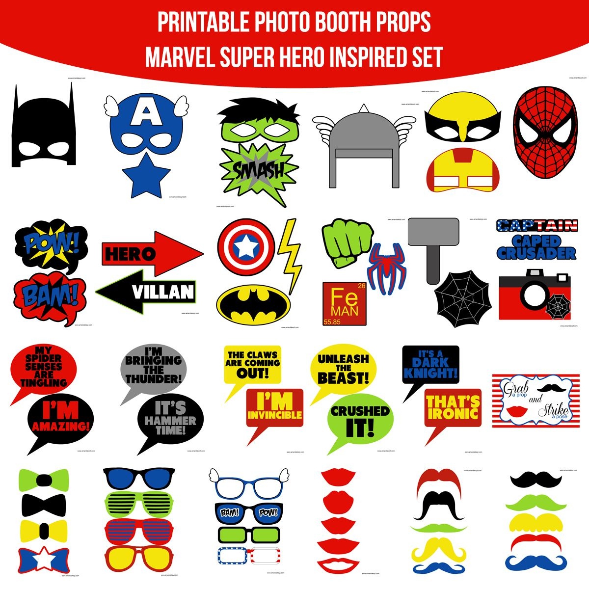 Instant Download Marvel Super Hero Inspired Printable Photo Booth - Free Printable Superhero Photo Booth Props