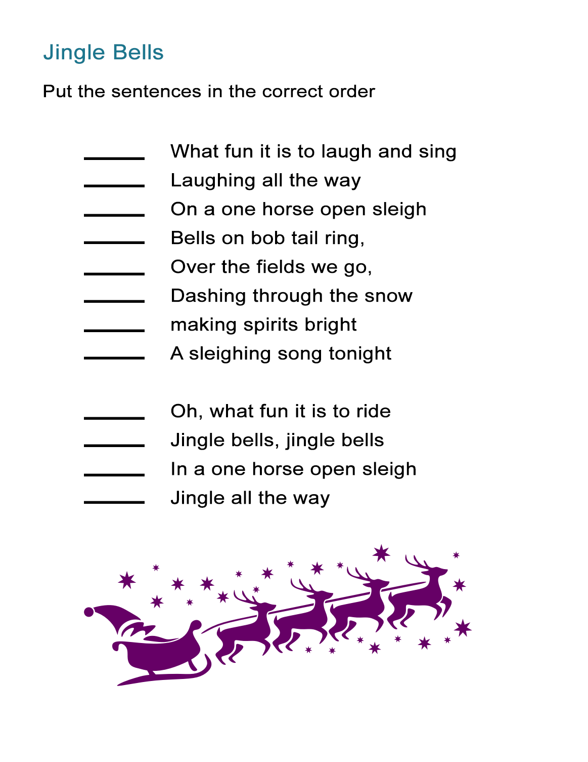 Jingle Bells For Kids Worksheet: Re-Order The Song Lyrics Activity - Free Printable Song Lyrics
