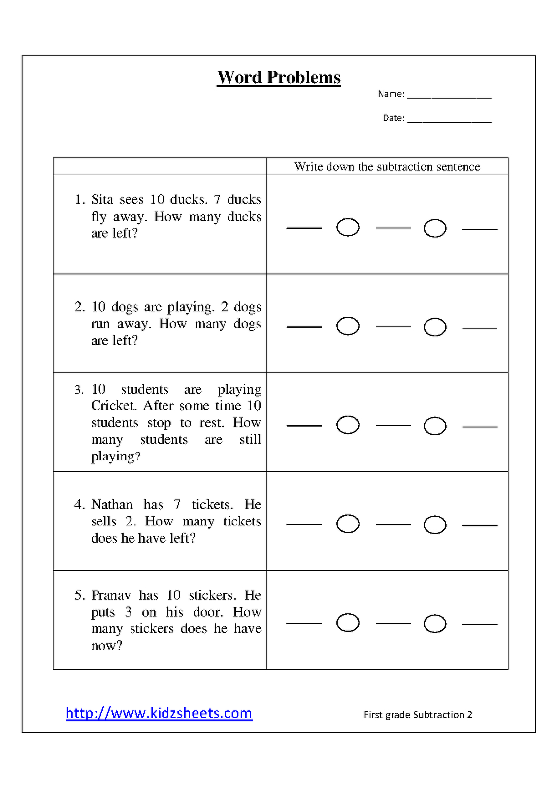 Kidz Worksheets: First Grade Word Problems2 - Free Printable Math Worksheets Word Problems First Grade