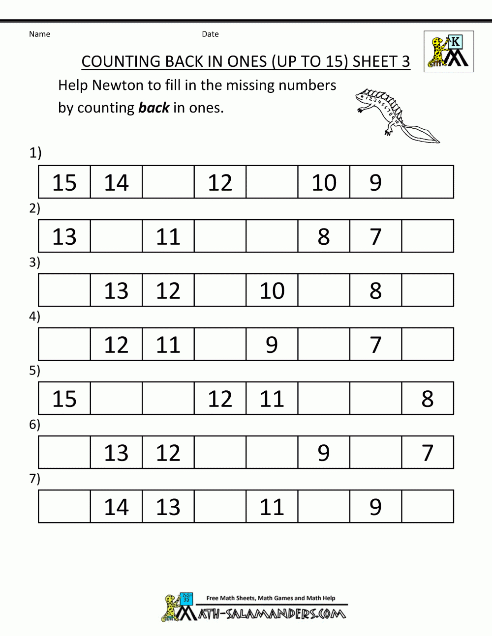 Kindergarten Counting Worksheet - Sequencing To 15 - Free Printable Math Worksheets