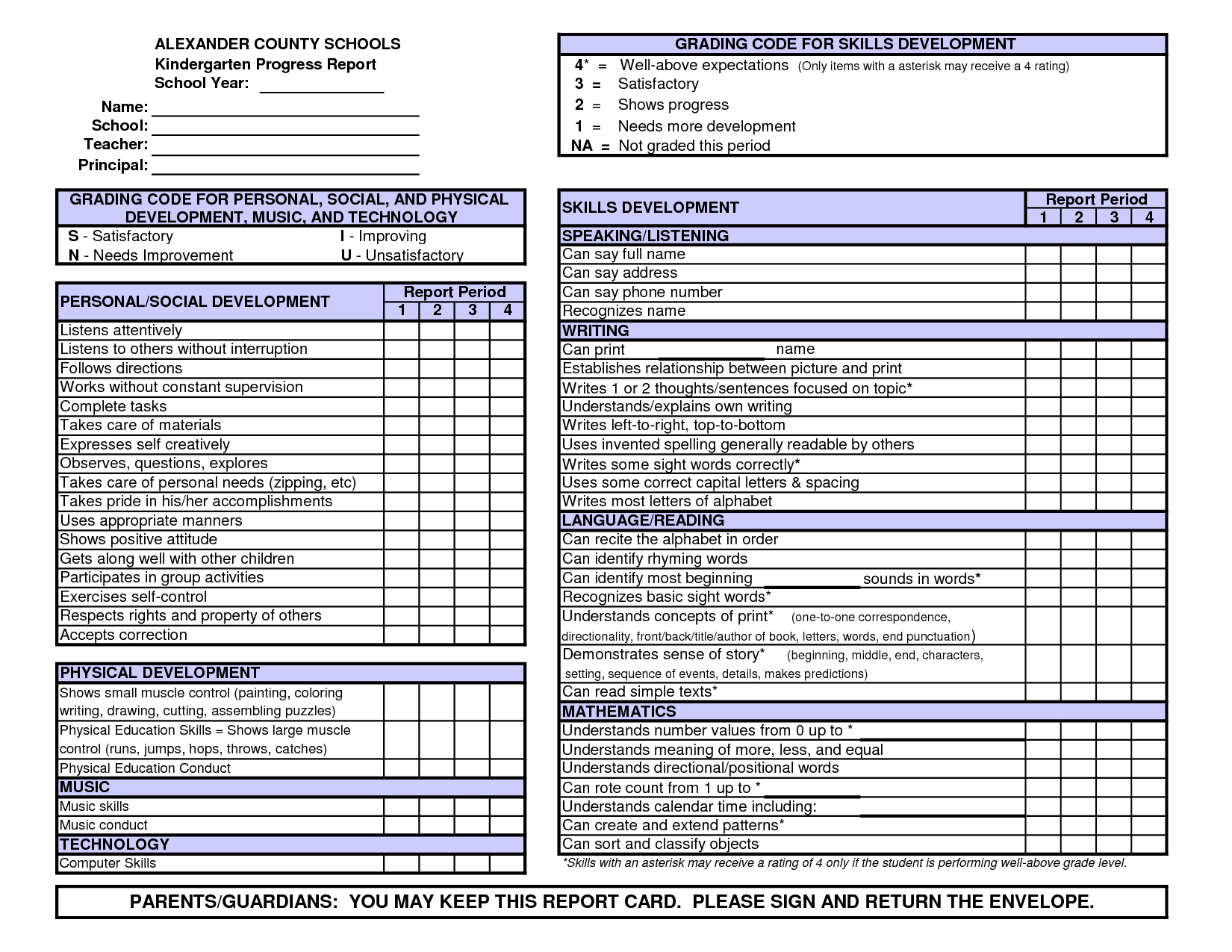 Kindergarten Report Card Template